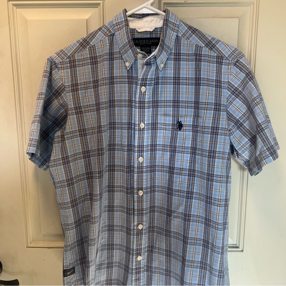 US Polo Assn Mens Blue Plaid Short Sleeve Button Shirt Size Medium Black Pony - Picture 5 of 7
